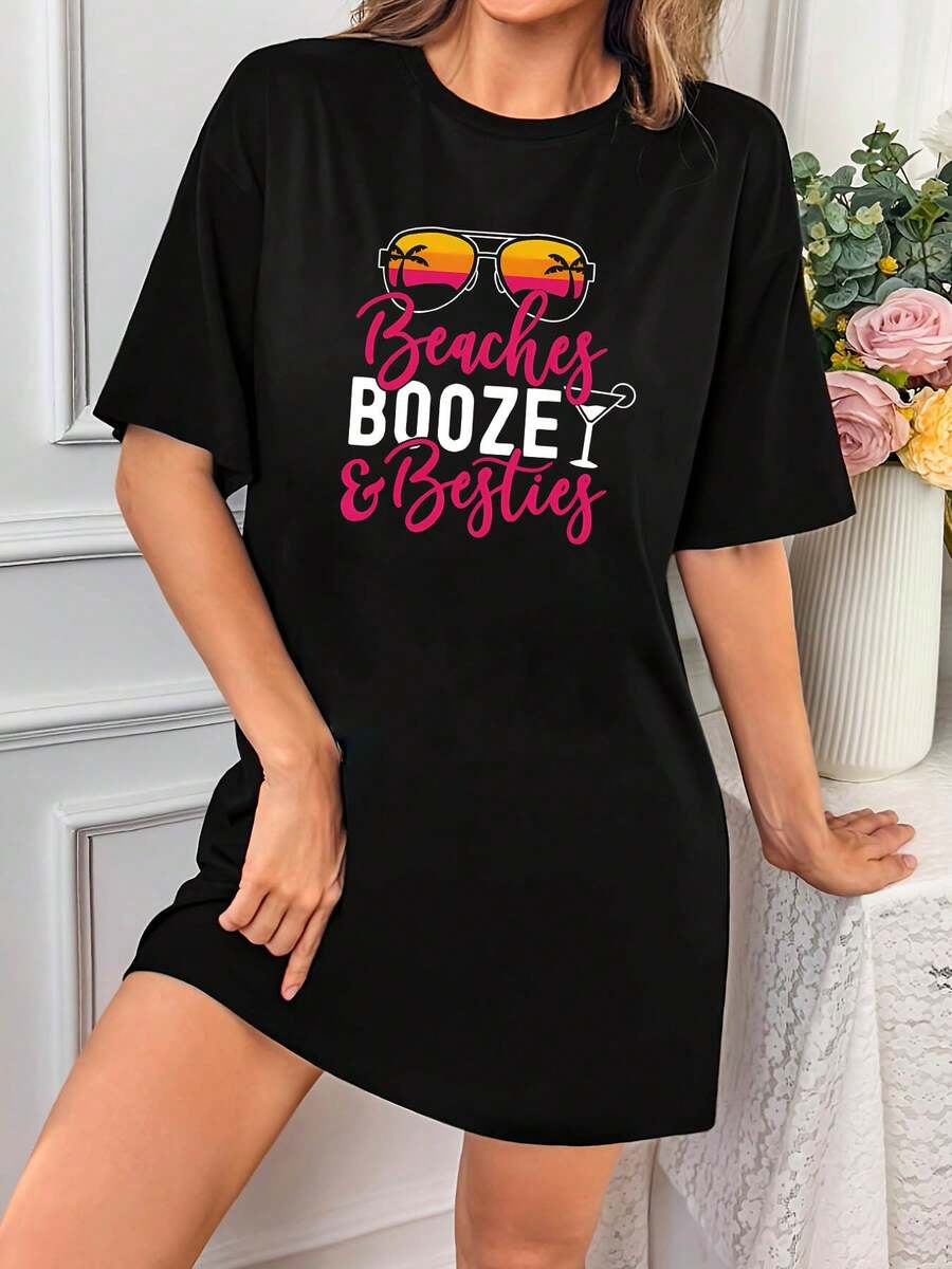 度假风格太阳镜印花休闲圆领女式 T 恤连衣裙，春夏 - 黑色 - 查看 1