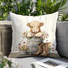 1 件 17.7*17.7 英寸 (45*45 厘米) [单面印花] 花卉牛仔靴高地牛印花涤纶抱枕套，适合日常使用、家居装饰、客厅沙发、卧室、汽车 [不含枕芯]