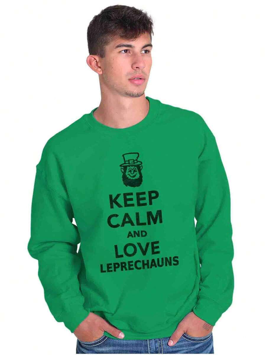 BRISCO BRANDS St Patrick's Day Graphic Fleece Lined Crewneck Pullover Sweatshirt Saint Paddy's Day Funny Sarcastic Keep Calm And Love Leprechauns Casual Everyday Cotton Printed Thermal Lined Jumper - 愛爾蘭綠 - 查看 1