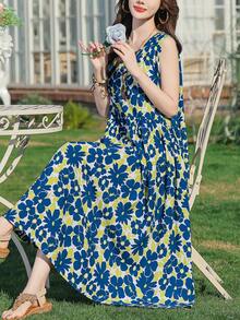 夏季新款女士休闲印花优雅中长连衣裙 - 藍色 - 查看 7