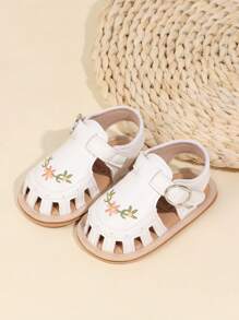 1 Pair Infant Girls Embroidered PU Hook And Loop Cute Flat Sandals, 0-1 Years Old Toddler Pre-Walker Shoes, Suitable For Summer - White - View 3
