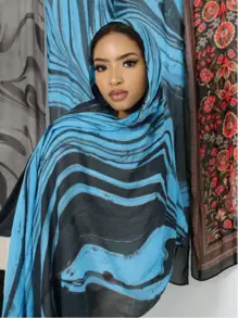 1PC Women's Scarves Bohemian Watercolor Veil Hijab,Autumn Head Scarf,Suitable For Daily Wear - Blue and Black - View 3