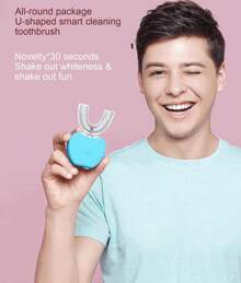 U 型电动牙刷，硅胶刷头，美白清洁牙齿，成人口腔清洁自动牙刷，黑色、白色家居浴室装饰夏季 - 黑 - 查看 3