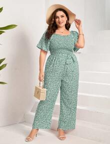 GoyRrbay Plus Size Casual Jumpsuits For Women Outfits Tie Belt Bell Sleeve Smocked Beach Wide Leg Floral Jumpsuits - 綠色小碎花 - 查看 1