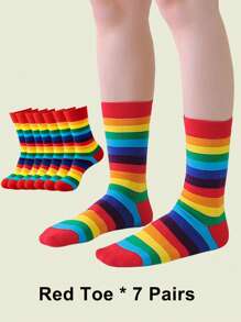 1/3/7 Pairs Women Colorful Fashion Horizontal Striped Rainbow Mid-Calf Socks, Suitable For Casual Daily Wear - Multicolor - View 13