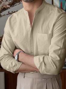 Camisa casual de negocios para hombre de unicolor y cuello mao