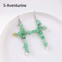 1Pair Natural Crystal Gravel Stone Cross Amethyst Eardrop Earrings Pink Crystal Reiki Eardrop Women Party Wedding Jewelry - Crushed Stone Cross Earrings - View 8