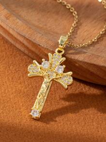 1件装百搭简约圣母玛利亚吊坠项链，女士个性化简约十字架首饰设计（彩色水钻随机） - 銀色 - 查看 2