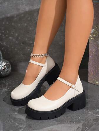 New Thick Bottom Chunky Heel Leather 2025 Spring Mary Jane White College Style Fashion Elevated Versatile Flats