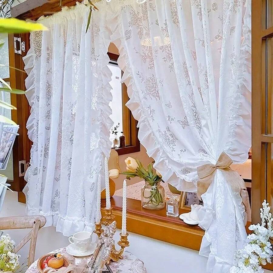 1件装高级时尚幻影蝴蝶薄纱蕾丝边优雅半透明窗帘，适用于别墅、卧室、客厅