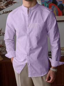 男士商务休闲立领衬衫，简约时尚日常穿搭，秋季长袖上衣 - 紫色 - 查看 5