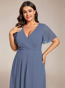 Plus Size Women Chiffon Ruffle Hem Solid Color Elegant High-Low Bridesmaid Dress - Dusty Blue - View 6