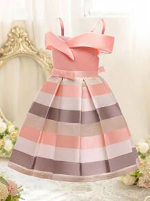 EHOMKIDS Young Girls Party Dress, Children Striped Open Shoulder Strap Party Dress, Princess Mini Skirt - Pink - View 5
