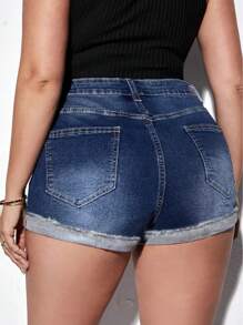 Pantalones Cortos de Mezclilla Desgastados y Elegantes para Mujer - Cintura Alta, Detalles Rasgados, Mezcla de Rayón No Elástico, Perfectos para Primavera/Verano - Azul - Ver 3