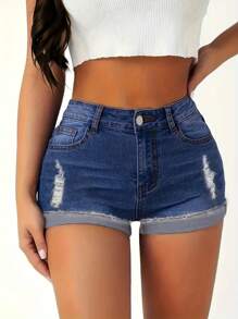 Pantalones Cortos de Mezclilla Desgastados y Elegantes para Mujer - Cintura Alta, Detalles Rasgados, Mezcla de Rayón No Elástico, Perfectos para Primavera/Verano - Azul - Ver 1