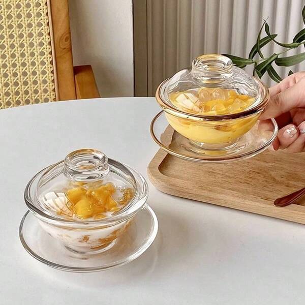 Vogelnesttasse mit Glasdeckelschale, Dim Sum Dessertschalen-Set, transparenter Haushalts-Chinesischer Geschirrsatz, Phnom Penh-Hitzebeständige Joghurt-Gelee-Kalter Getränke-Duft-Tee-Eis-Pulver-Deckelschale, Zuckerpudding-Milchschale, Teetasse, sehr niedlich, zart und sehr personalisiert, kleiner Schüssel geeignet für Treffen mit Freunden, Familientreffen, Geburtstagsgeschenk, Valentinstags-Geschenk, Weihnachtsgeschenk, ein sehr gutes Geschenk.