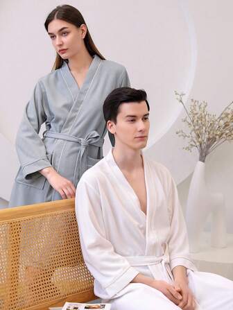 1pc Waffle Bathrobes, Quick Drying Couples Sleepwear Robes, Spring Summer Bathrobes For B&B, Hotels, Spa, Salons, Loose Fit, Multi-Color, Simple Design, Bathroom & Home Essentials Summer, Holiday Home Bathroom Decor Back To School