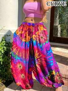 Plus Women's Loose Tie Dye Drawstring Wide Leg Pants - Hot Pink - View 1