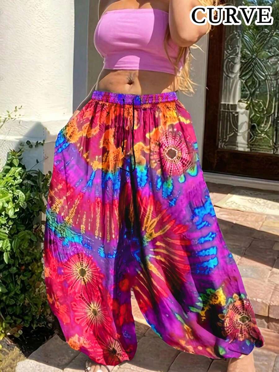 Plus Women's Loose Tie Dye Drawstring Wide Leg Pants - Hot Pink - View 1