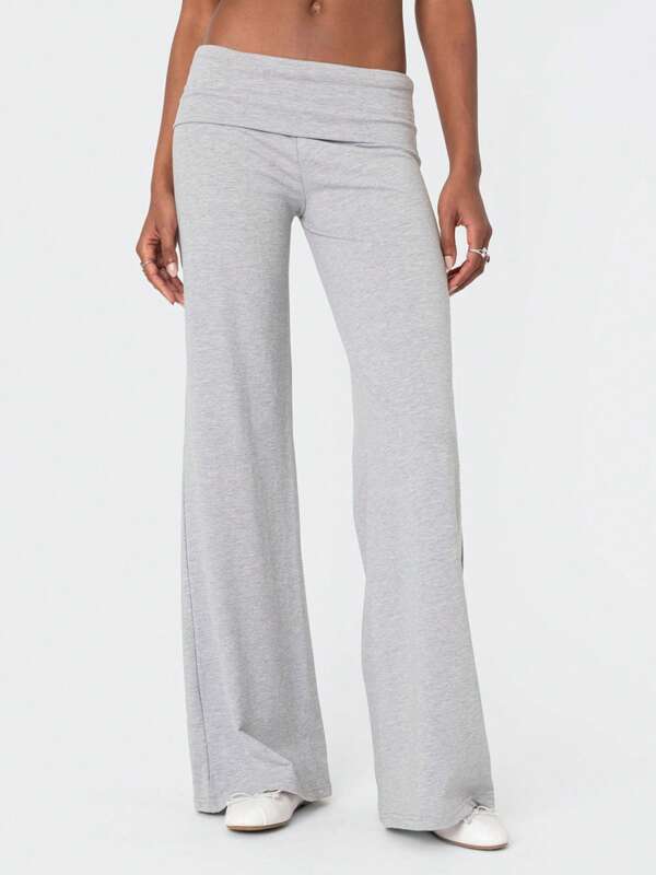 Women Fold Over Yoga Pants Low Rise Solid Color Stretch Casual Straight Wide Leg Palazzo Pants Loose Fit Comfy Flared Leggings Gym Lounge Pants Bootcut Bell Bottoms Baggy Sweatpants Teen Girl Back To School Bottoms Y2k Streetwear