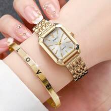 1pc Women's Steel Strap Casual Minimalist Square Dial Quartz Wristwatch + 1pc Love Bracelet, No Watch Box - 金色 - 查看 1