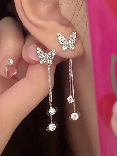 1 Pair Elegant & Charming Petite Butterfly Design Rhinestone Inlaid Earrings With Detachable Tassel, Suitable For Women's Daily And Date Wear