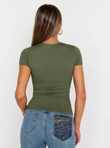 KAHULE Women's Square Neck Tops Short Sleeve Crop Tops Workout Summer Clothes Casual Slim Fit T-Shirts - 軍綠色 - 查看 2