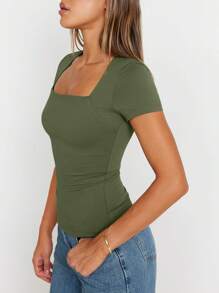 KAHULE Women's Square Neck Tops Short Sleeve Crop Tops Workout Summer Clothes Casual Slim Fit T-Shirts - 軍綠色 - 查看 5