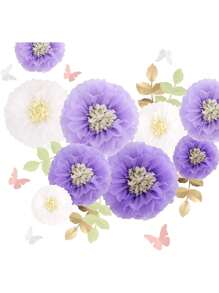 23 件/套纸绒球花朵蓬松套件，纸巾菊花配蝴蝶和橄榄叶套件适用于婚礼、生日派对、新娘送礼会、单身派对房间墙壁背景装饰派对和活动装饰绒球