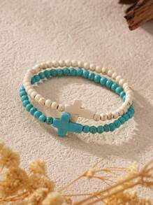 2 件女士友谊手链，绿松石和绿松石珠串珠手链，波西米亚风相配手链，适合最好的朋友 - cross - 查看 1