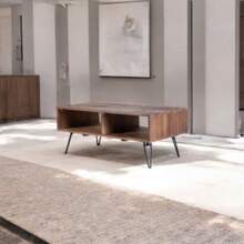 Foldable Reclaimed Wood Cocktail Table With Metal Legs, Ideal For Living Room, Office Lounge & Family Gathering Spaces. Features Open Storage, Stylish Black/Natural Wood Finish, Perfect For Adding Rustic Charm And Functionality To Your Indoor Areas