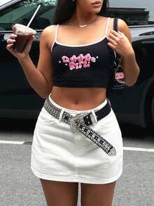 女式休闲性感牛仔口袋裙 - 白色 - 查看 2