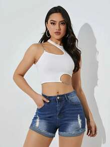 Pantalones Cortos de Mezclilla Desgastados y Elegantes para Mujer - Cintura Alta, Detalles Rasgados, Mezcla de Rayón No Elástico, Perfectos para Primavera/Verano - Azul - Ver 3