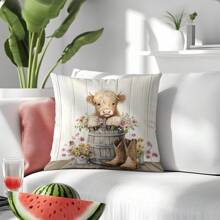 1 件 17.7*17.7 英寸 (45*45 厘米) [单面印花] 花卉牛仔靴高地牛印花涤纶抱枕套，适合日常使用、家居装饰、客厅沙发、卧室、汽车 [不含枕芯]