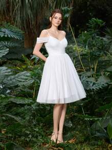 优雅涤纶薄纱半正式新娘礼服，露肩设计和蓬松薄纱裙 | 新娘送礼会和自然风活动宾客礼服，新娘 - 白色 - 查看 6