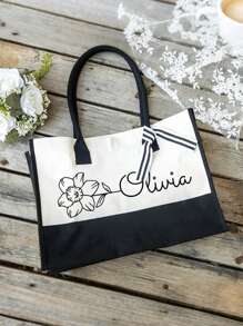 Personalised Floral Canvas Large Tote Bag With Name And Ribbon Birthday Christmas Travel Accessories Gift For Her - Beige - View 5