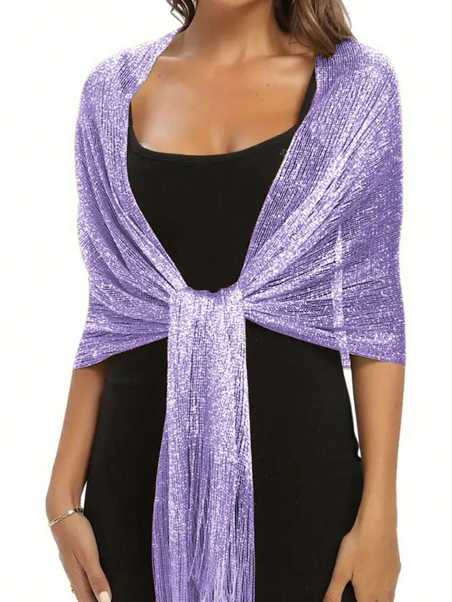 Light Purple Sparkling Metallic Shawl With Round Buckle Elegant Breathable Tassel Scarf Women's Party Banquet Dress Outside Shawl - Light Purple - View 1