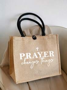 Geantă tote din in negru cu model inspirațional de litere și geantă de machiaj, geantă de cumpărături portabilă