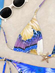 Swim Vacation Cute Summer 2pcs Halter Random Floral Print Metal Starfish Decor & High Cut Bottoms Bikini Set, Beach Vacation - Leopard - View 8