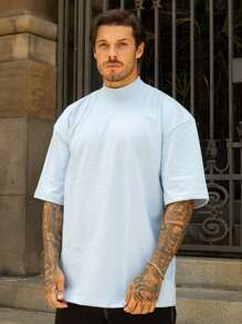 Oversized Plain Turtleneck Basic Streetwear T-Shirt For Men Unisex - Baby Blue - View 1