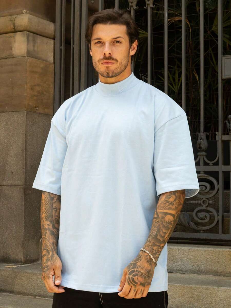 Oversized Plain Turtleneck Basic Streetwear T-Shirt For Men Unisex - Baby Blue - View 1