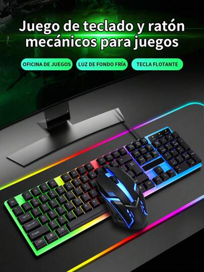 Juego de teclado y mouse para juegos con luces RGB profesionales, conexión USB, color negro y resistente a salpicaduras.