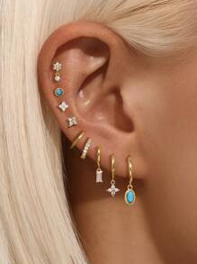 3Pcs Vintage Turquoise Flowers 925 Sterling Silver Earring For Women Classic Earring Set Minimalist Wedding Party Bridal Jewelry Fine Jewelry - Multicolor - View 11