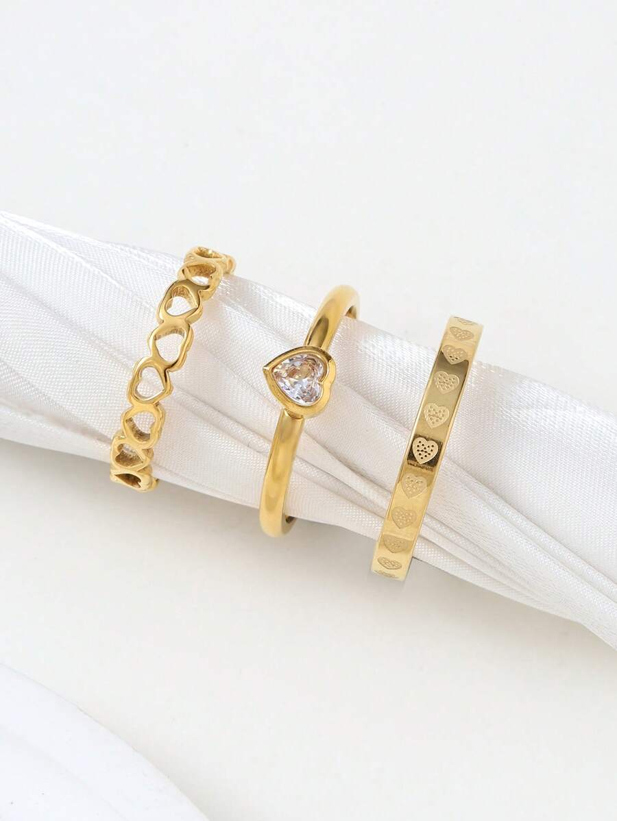 3 Peças Conjunto de Anéis de Casal Minimalistas de Aço Inoxidável com Coração Oco Diamante, Adequado para Uso Diário de Homens e Mulheres, Presente para Festival e Data
