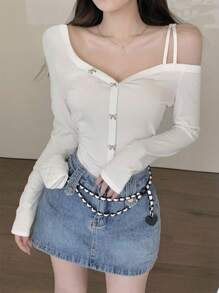 Elegant White Bow Strap Sexy Cold-Shoulder Long Sleeve Top For Women, Suitable For Dates, Outings, And Commuting, Christmas, Autumn/Winter - White - View 4