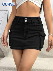 Minifalda de mezclilla negra de estilo casual de calle para mujer de talla grande, con cierre delantero de botones, tela de mezcla de algodón elástica, bolsillos tipo cargo - Negro - Ver 3