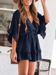 Womens V Neck Beach Romper Ruffle Layered Drawstring Waist Shorts Jumpsuit - 藏蓝色 - 查看 2