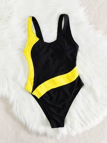Women's Contrast Color Patchwork Sleeveless One-Piece Swimsuit, Suitable For Beach Resort - Yellow - View 4