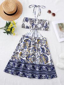 Women's Mid-Length Strapless Strapless Waist Cutout Dress With Prints - Blue - View 2