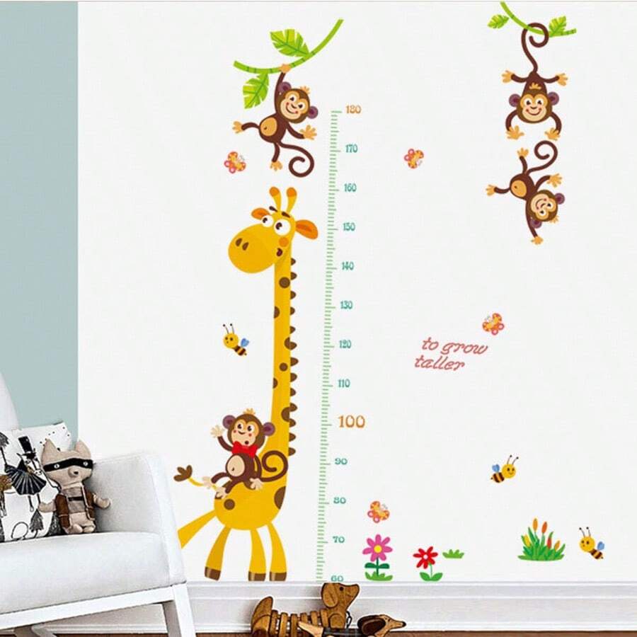1pc Cute Cartoon Animals Monkey And Giraffe Height Growth Wall Sticker, Creative Cartoon Measuring Height Sticker For Room, Self-Adhesive And Removable, Wall Decal, Vinyl Decal For Home Decorations, Spring Decoration Items Refresh Your Home - Multicolor - View 1